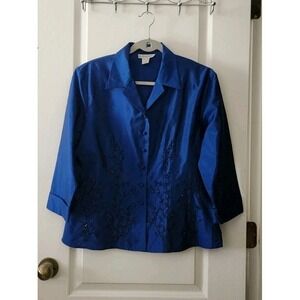 dressbarn Women's Pure‎ Silk Button Up Blouse Embroidered Royal Blue Size L